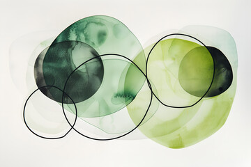 Tableau abstrait minimaliste style japandi cercles verts à l'aquarelle - obrazy, fototapety, plakaty