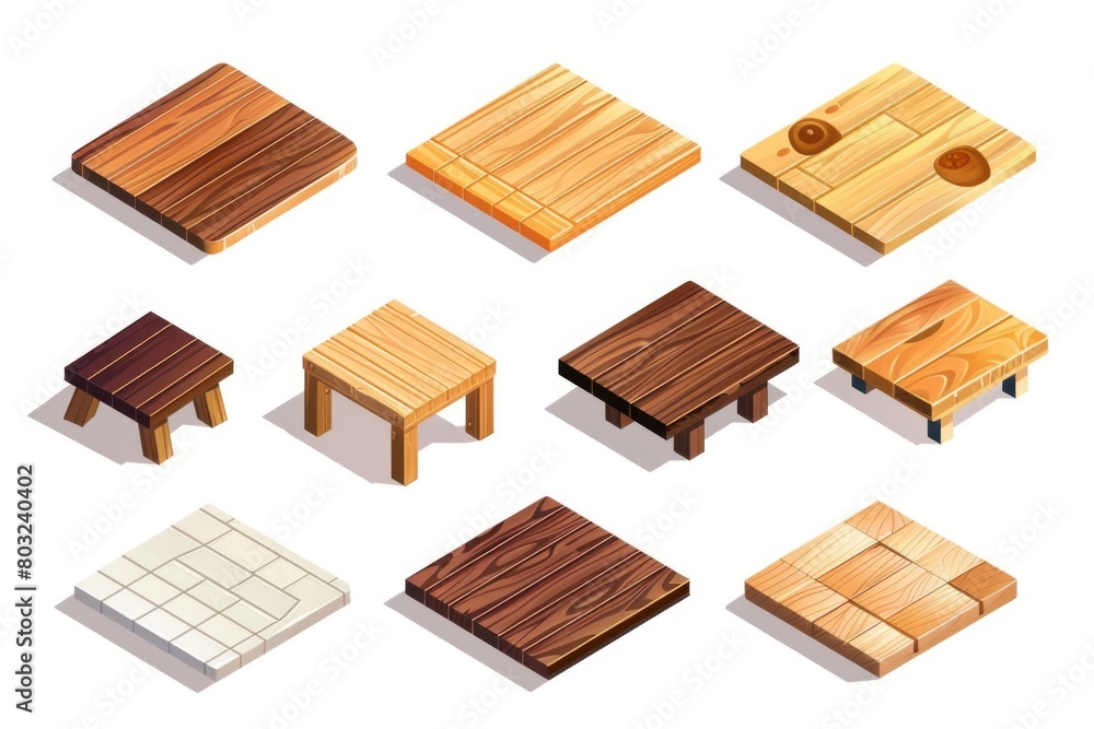 Poster a collection of different wooden tables and stools. perfect for furniture store ads