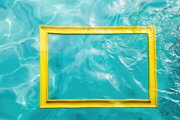Yellow frame on an aquamarine sea background. Water with waves and highlights. Background with border for advertising, card, website