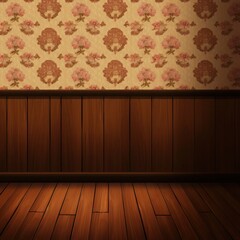 A wood paneled room with a floral wallpaper pattern on the top half of the wall. There is a wood plank floor.