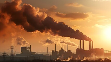 Factory emits harmful pollution into environment through smokestacks. Concept Environmental Pollution, Industrial Emissions, Harmful Chemicals, Air Quality, Pollution Control
