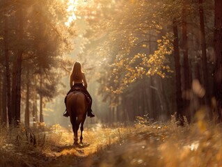 Active woman riding a majestic horse through lush green forest