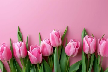 pink tulips on pink background flat lay floral banner with copy space