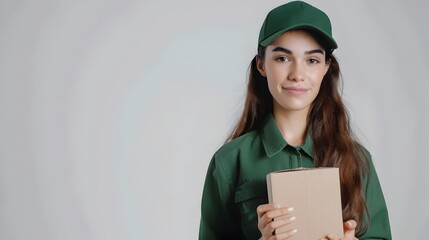 Obraz premium Friendly Businesswoman Holding a Parcel in Green Uniform on White Background