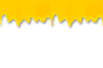 Yellow paint flowing and dripping. Abstract banner with shadow, isolated on white background