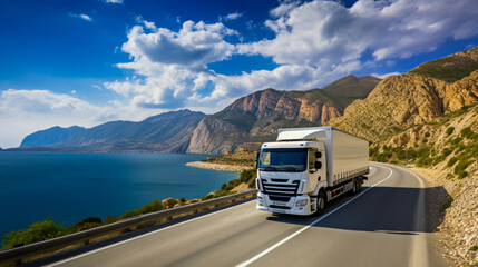 Truck transporting cargo container on highway.