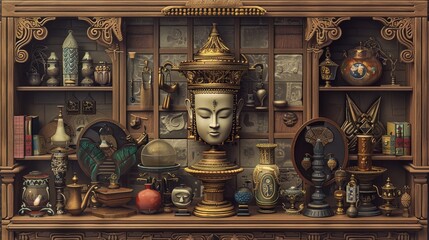 Intricate still life with symmetrical display of cultural artifacts and antiques on wooden shelves - obrazy, fototapety, plakaty