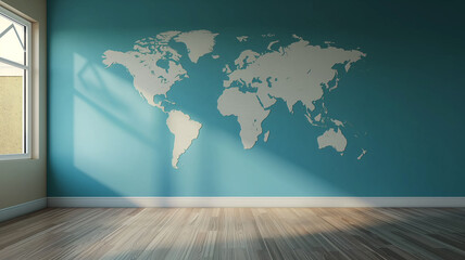 World map on the wall of empty room