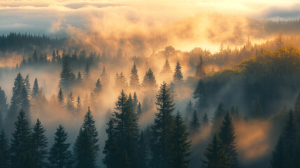 Sunrise over misty forest, aerial view of pine trees
