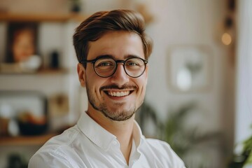 portrait of smiling businessman in glasses indoors professional success concept