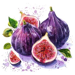 A half fig in watercolor, with rich purple and vibrant red splashes