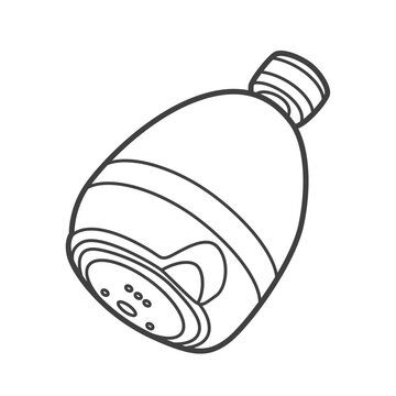 recommend clip art: Linear icon of a water-saving showerhead, a device that limits water flow during showers. Simple black-and-white vector illustration in line art style.
