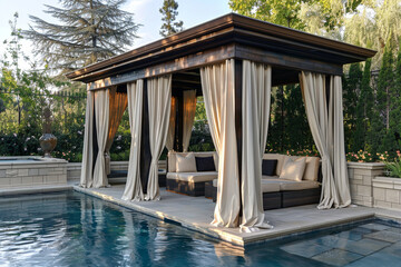 A luxurious poolside cabana adorned with flowing curtains, offering privacy and relaxation.