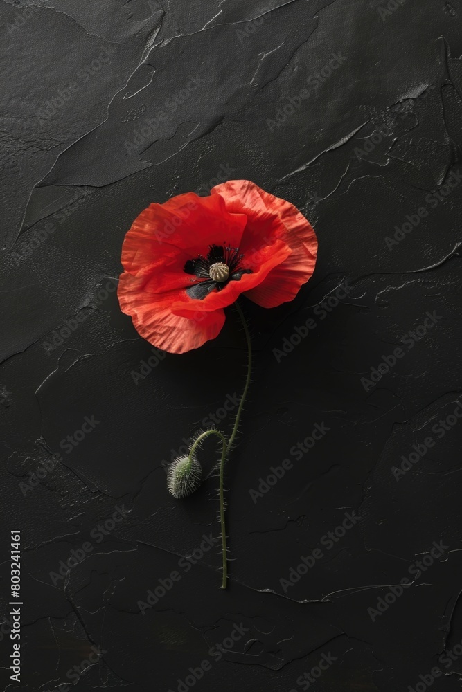 Poster A single red poppy flower on a dark black background. Suitable for various design projects
