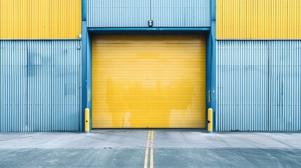 Yellow garage door opens up on the side of a warehouse building, revealing a grey concrete road.
