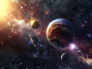 Real photo of planets in space with spectacular galactic background
