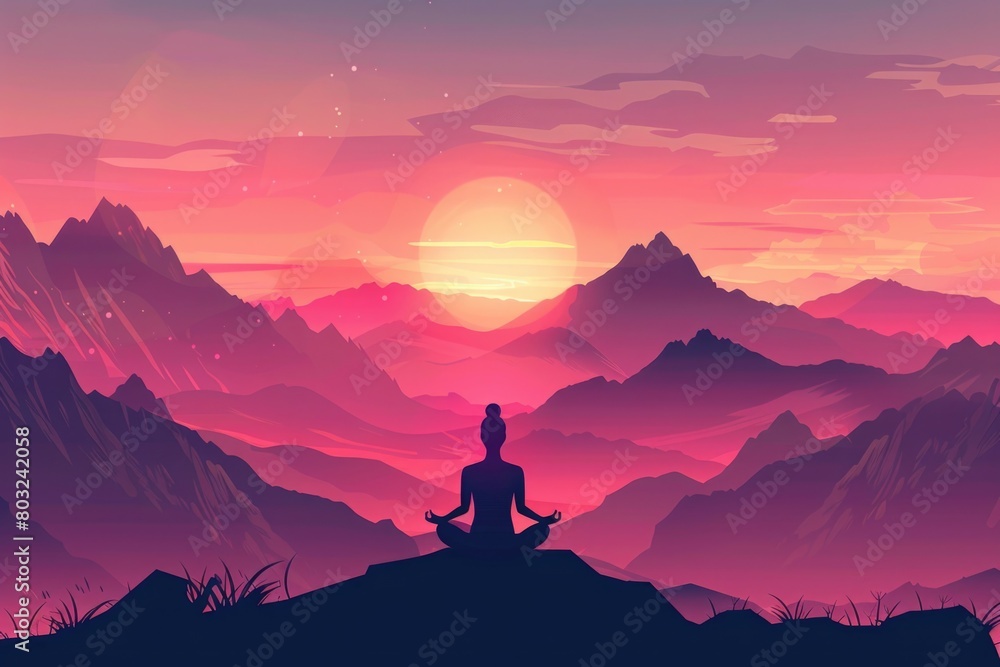 Aufkleber a person sitting on top of a mountain with a sunset in the background. ideal for inspirational and m