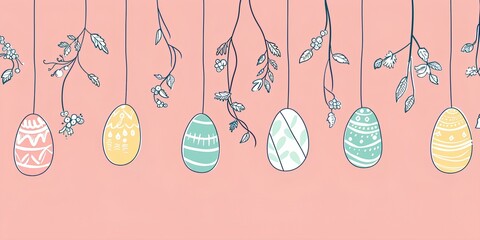 Easter eggs hanging on vines, white outline with a pink background, in a simple vector style.
Easter egg festival