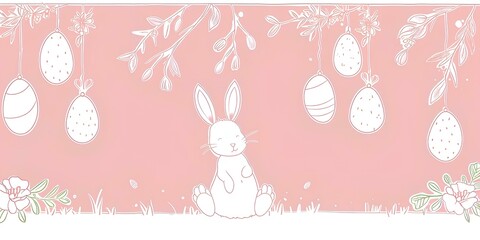 easter card with bunny, Easter eggs hanging on vines, white outline with a pink background, in a simple vector style.
Easter egg festival