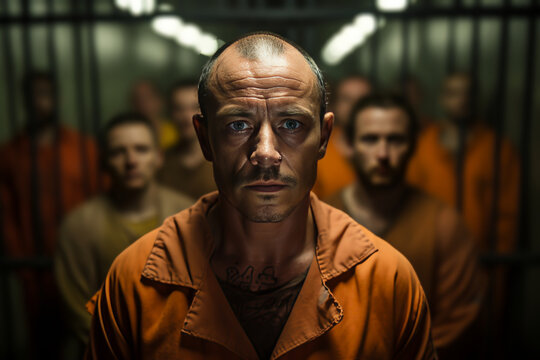 Intense portrait of a bald man with tattoos in an orange prison jumpsuit, with other inmates behind him in a dimly lit cell