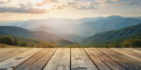 empty table top dais wooden podium platform and mountain background for hiking tourism outdoor travel tour, mountain climbing, camping products, equipment, clothing or footwear, food or drinks
