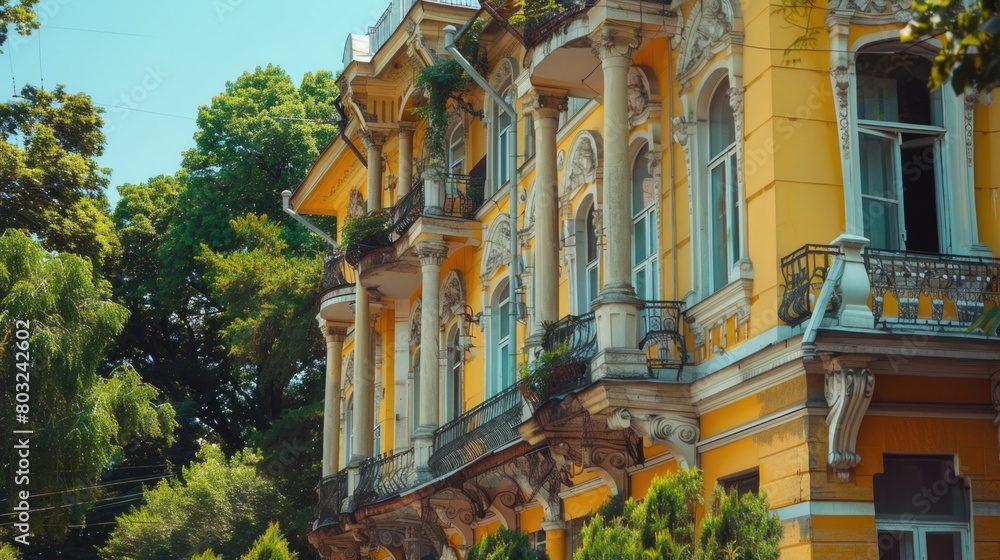 Poster A large yellow building with multiple windows and balconies. Suitable for real estate or urban architecture concepts