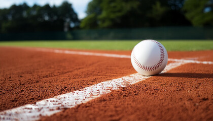 an image of a baseball lying on the ground in the middle of a baseball field. Team sport. AI generated - Powered by Adobe