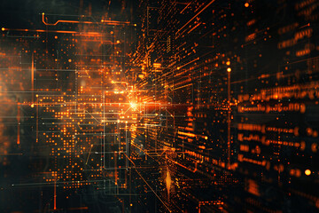 Fototapeta premium Intense orange digital circuits and lights on dark background