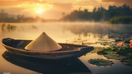Serene morning scene with a traditional Chinese conical hat on a boat, surrounded by water lilies