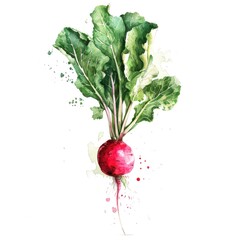 Dynamic watercolor of a radish, with a burst of red and green splashes