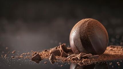 A perfect, dark chocolate truffle dusted with cocoa powder, placed delicately on a dark, reflective...