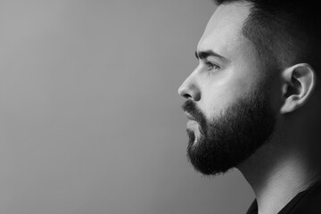 Portrait of handsome bearded man on grey background, space for text. Black and white effect