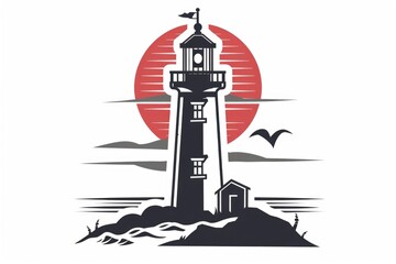 A striking black and white lighthouse with a vibrant red sun in the background. Perfect for travel and nature themed designs