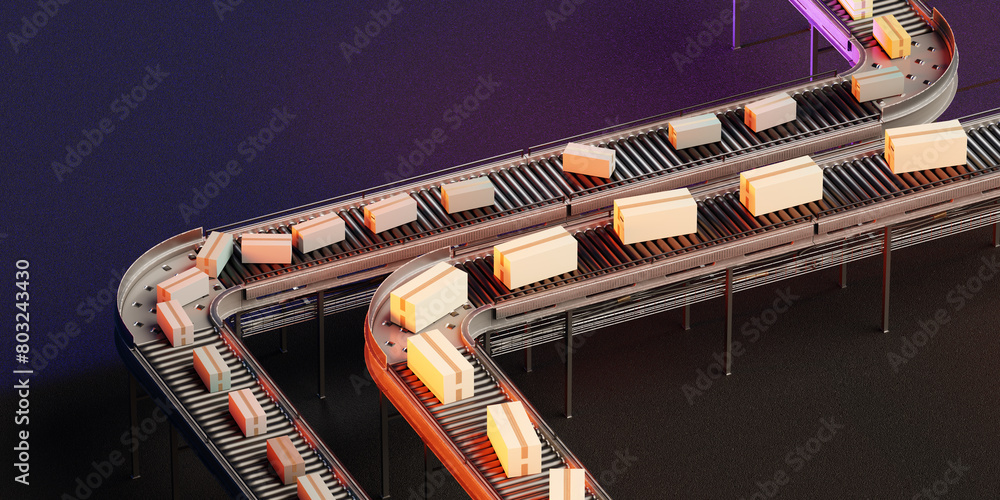 Poster this image depicts a stylized roller conveyor system in a factory setting. 3d image