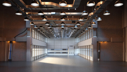 Modern and spacious industrial interior with hanging lamps and large windows 3d image