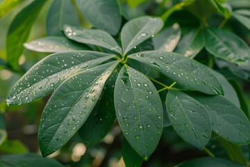 Detailed view of a vibrant green leaf covered in sparkling water droplets