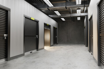 3d image Interior of a modern storage unit facility with metal sliding doors