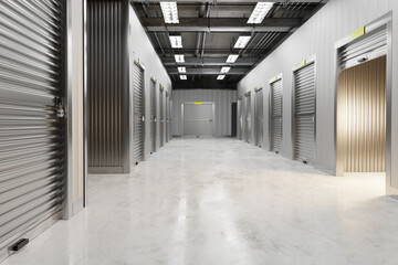 Interior of a modern storage unit facility with metal sliding doors 3d image