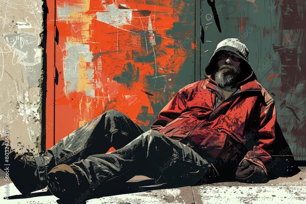 Poster A man sitting on the ground in front of a door. Suitable for various concepts and designs