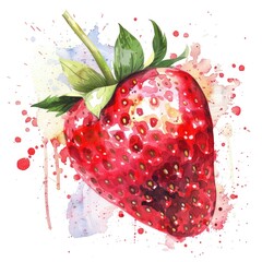 strawberry is vividly captured in watercolor, with red and pink splashes