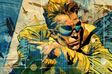 A painting of a man in a yellow jacket and sunglasses. Suitable for fashion or urban lifestyle concepts