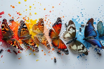 butterflies, catterpillars, beetles, dragonflies, bees, ants, and one spider, colourful paint...