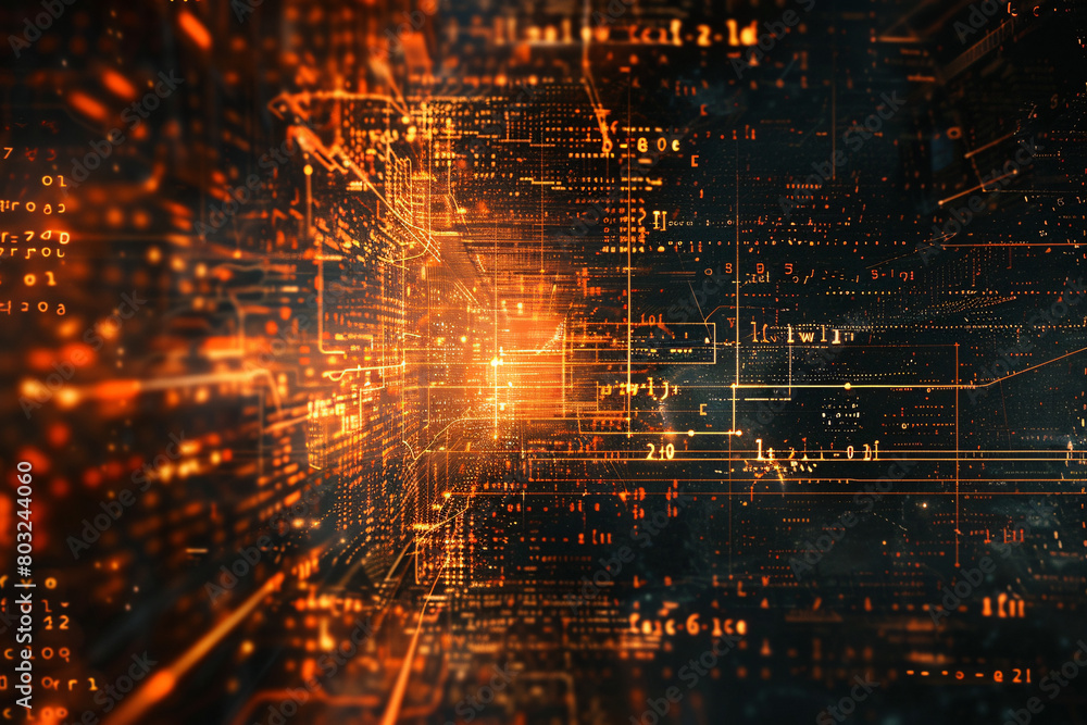 Aufkleber digital art with intense orange hues and glowing lines representing technological data streams