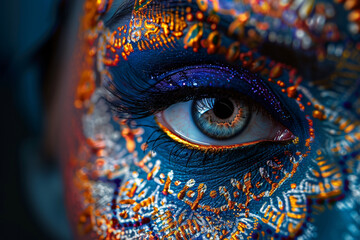 A macro capture of abstract makeup featuring intricate mandala-like patterns and ornamental details.