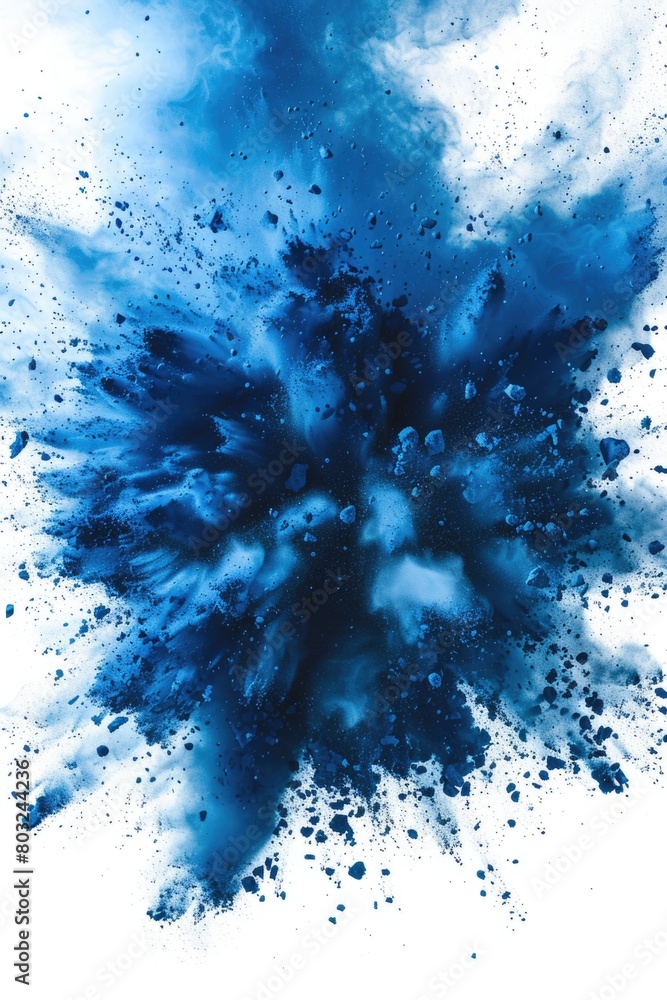 Poster vibrant blue powder exploding on a clean white backdrop, suitable for various design projects