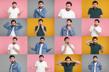 Collage with photos of surprised man on different color backgrounds