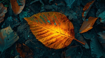 Orange autumn leaf on textured soil, a representation of fall and change