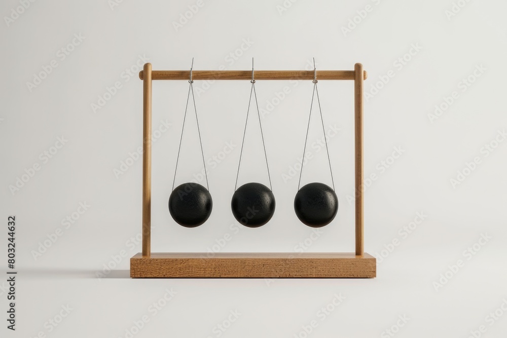 Poster a wooden pendulum with three black balls hanging from it. perfect for science or physics related pro