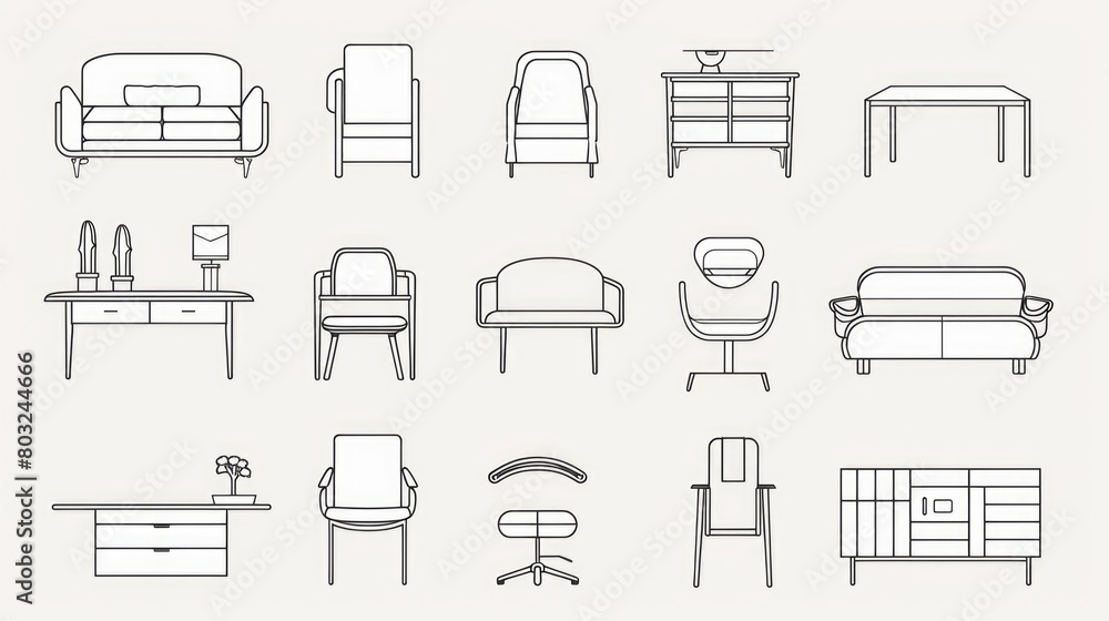 Poster A set of furniture icons in a simple line style, suitable for various design projects