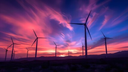 Sunset view of Eco Harmony Wind Turbines capturing sustainable energy development. Concept Eco Harmony Wind Turbines, Sunset Views, Sustainable Energy, Environment, Renewable Resources